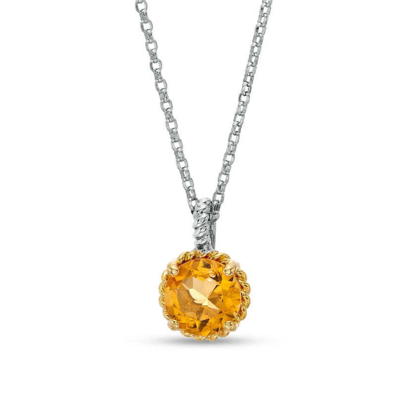 7.0mm Citrine Solitaire Rope-Textured Frame and Drop Pendant in Sterling Silver and 10K Yellow Gold