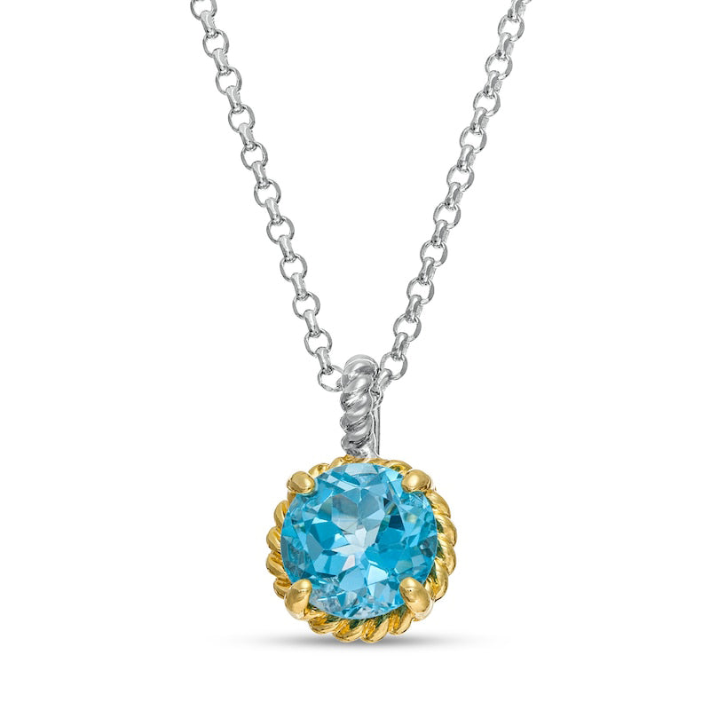 7.0mm Swiss Blue Topaz Solitaire Rope-Textured Frame and Drop Pendant in Sterling Silver and 10K Yellow Gold