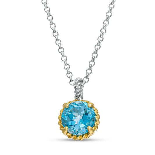 7.0mm Swiss Blue Topaz Solitaire Rope-Textured Frame and Drop Pendant in Sterling Silver and 10K Yellow Gold