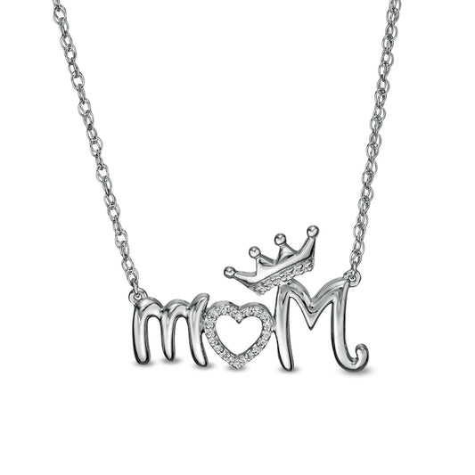 0.05 CT. T.W. Natural Diamond Crowned "Mom" with Heart Necklace in Sterling Silver