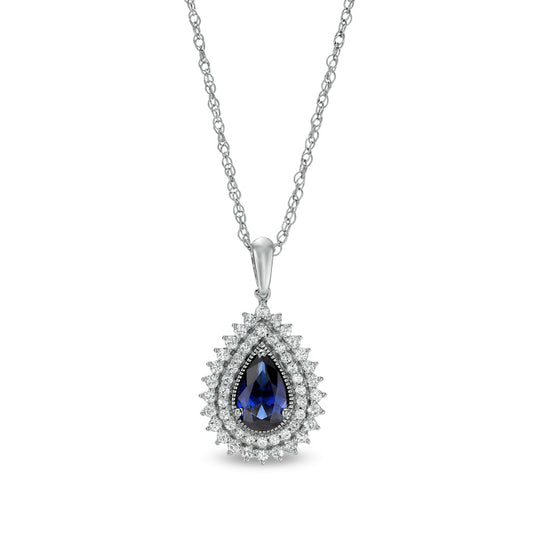 Pear-Shaped Blue and White Lab-Created Sapphire Teardrop Frame Pendant in Sterling Silver