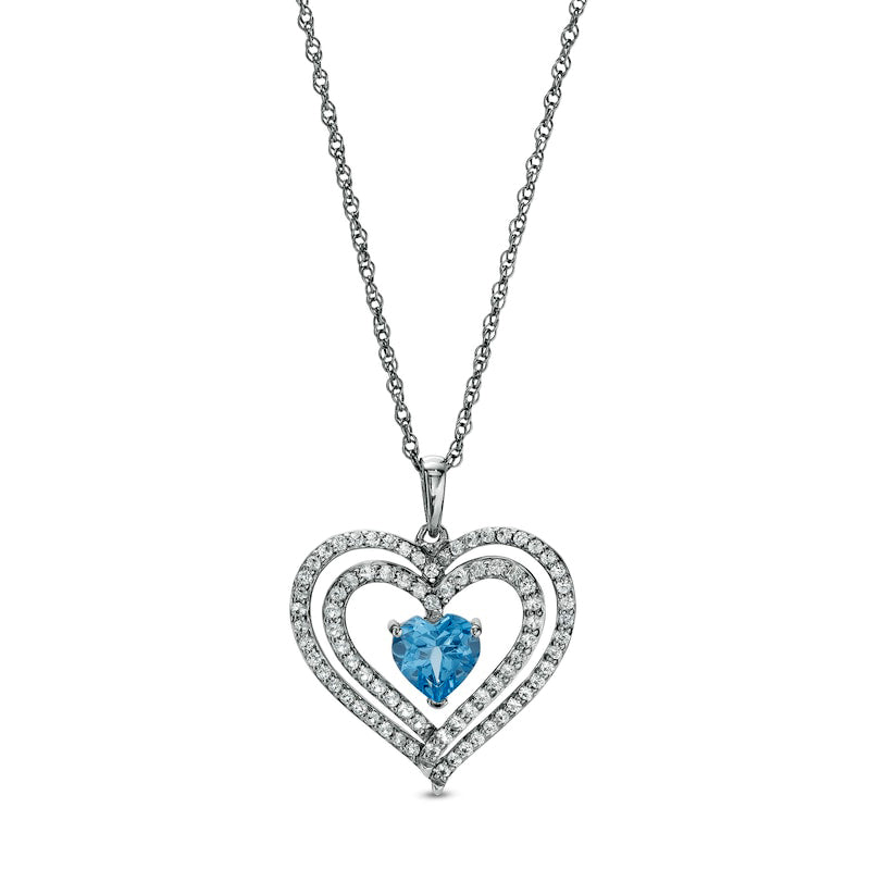 6.0mm Swiss Blue Topaz and White Lab-Created Sapphire Heart Pendant in Sterling Silver