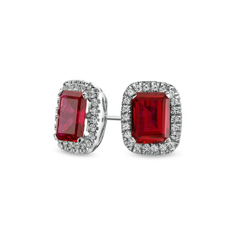 Emerald-Cut Lab-Created Ruby and White Sapphire Cushion Frame Stud Earrings in Sterling Silver