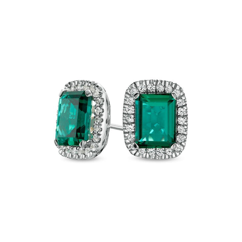 Emerald-Cut Lab-Created Emerald and White Sapphire Cushion Frame Stud Earrings in Sterling Silver