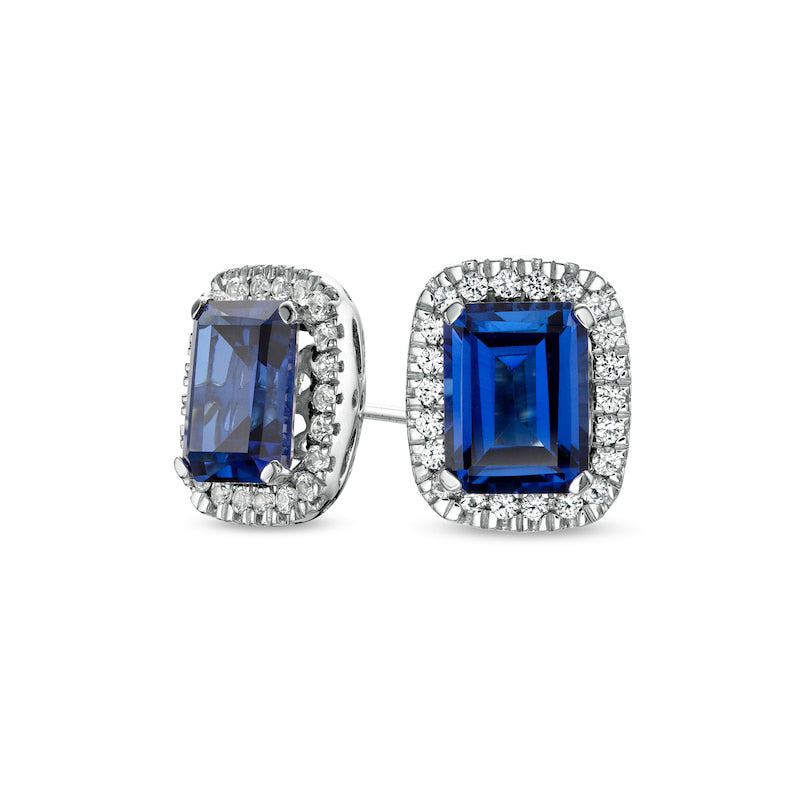 Emerald-Cut Blue and White Lab-Created Sapphire Cushion Frame Stud Earrings in Sterling Silver