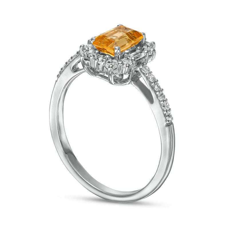 Emerald-Cut Citrine and White Lab-Created Sapphire Ornate Frame Ring in Sterling Silver