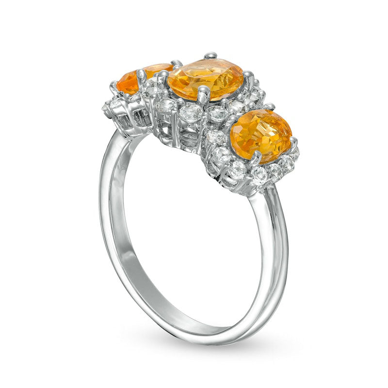 Oval Citrine and White Lab-Created Sapphire Frame Three Stone Ring in Sterling Silver