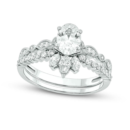 1.0 CT. T.W. Oval Natural Diamond Art Deco Bridal Engagement Ring Set in Solid 14K White Gold (I/I2)