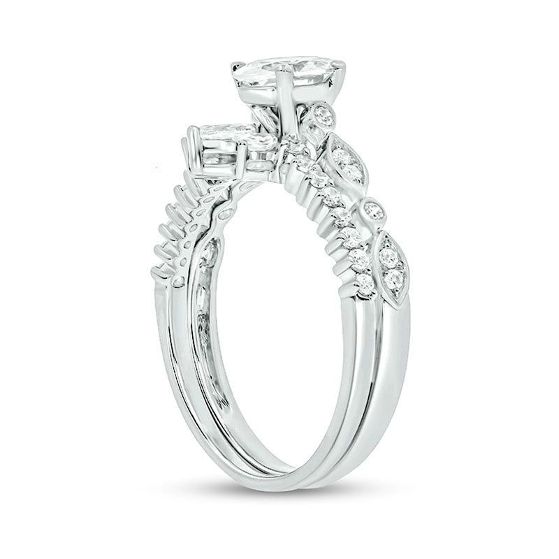 1.0 CT. T.W. Oval Natural Diamond Art Deco Bridal Engagement Ring Set in Solid 14K White Gold (I/I2)