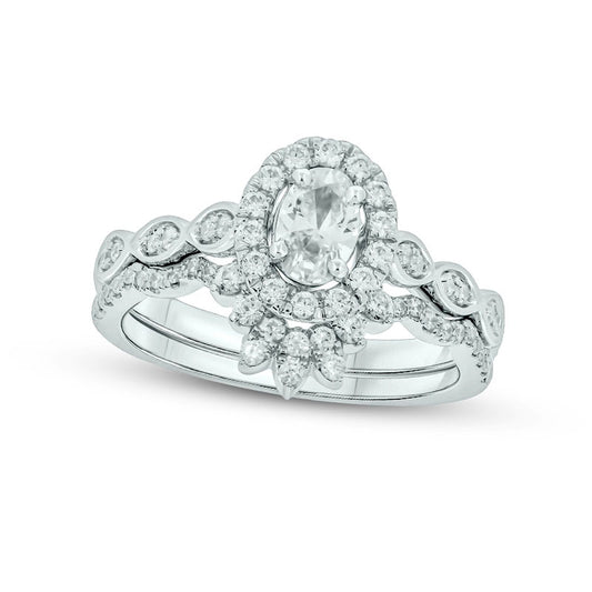 1.0 CT. T.W. Oval Natural Diamond Frame Bridal Engagement Ring Set in Solid 14K White Gold (I/I2)