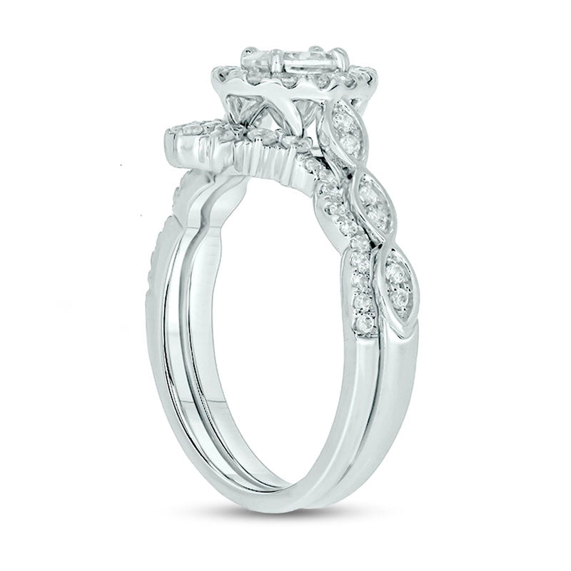 1.0 CT. T.W. Oval Natural Diamond Frame Bridal Engagement Ring Set in Solid 14K White Gold (I/I2)