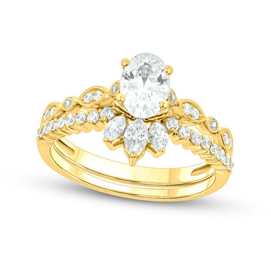 1.0 CT. T.W. Oval Natural Diamond Art Deco Bridal Engagement Ring Set in Solid 14K Gold (I/I2)