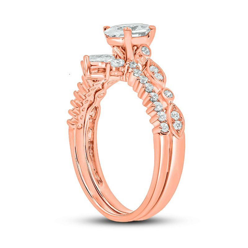 1.0 CT. T.W. Oval Natural Diamond Art Deco Bridal Engagement Ring Set in Solid 14K Rose Gold (I/I2)