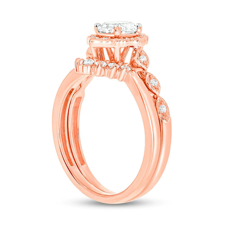 0.75 CT. T.W. Oval Natural Diamond Frame Antique Vintage-Style Bridal Engagement Ring Set in Solid 14K Rose Gold (I/I2)