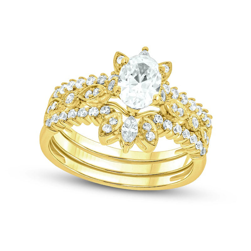 1.0 CT. T.W. Oval Natural Diamond Antique Vintage-Style Three Piece Bridal Engagement Ring Set in Solid 14K Gold (I/I2)