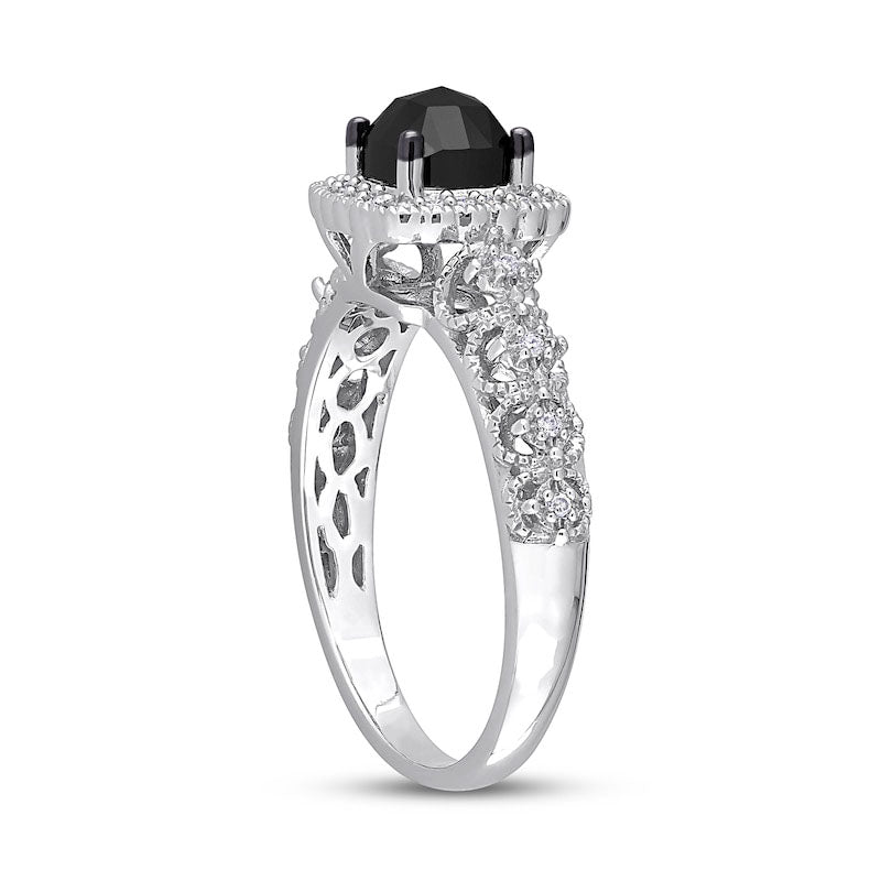 1.13 CT. T.W. Cushion-Cut Black Enhanced and White Natural Diamond Frame Antique Vintage-Style Engagement Ring in Solid 14K White Gold