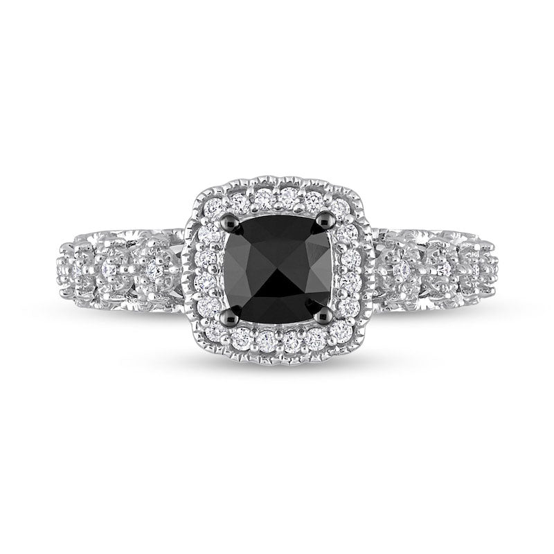 1.13 CT. T.W. Cushion-Cut Black Enhanced and White Natural Diamond Frame Antique Vintage-Style Engagement Ring in Solid 14K White Gold