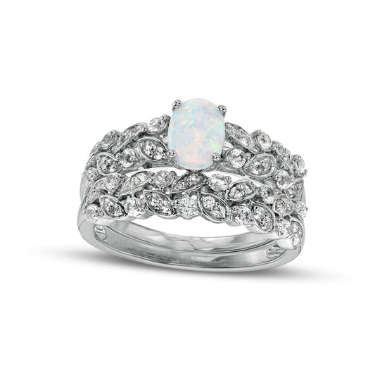 Oval Lab-Created Opal and White Lab-Created Sapphire Double Row Leaf Shank Bridal Engagement Ring Set in Sterling Silver