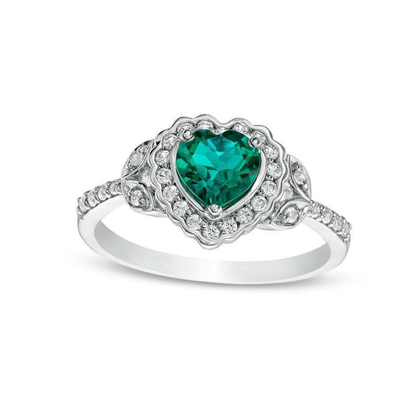 Heart-Shaped Lab-Created Emerald and White Lab-Created Sapphire Scallop Frame Leaf-Sides Flower Ring in Sterling Silver