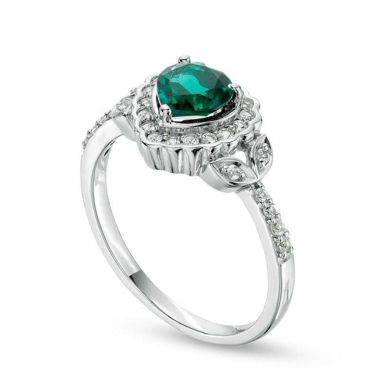 Heart-Shaped Lab-Created Emerald and White Lab-Created Sapphire Scallop Frame Leaf-Sides Flower Ring in Sterling Silver