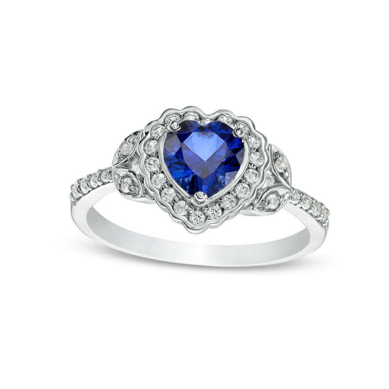 6.0mm Heart-Shaped Blue and White Lab-Created Sapphire Scallop Frame Leaf-Sides Flower Ring in Sterling Silver