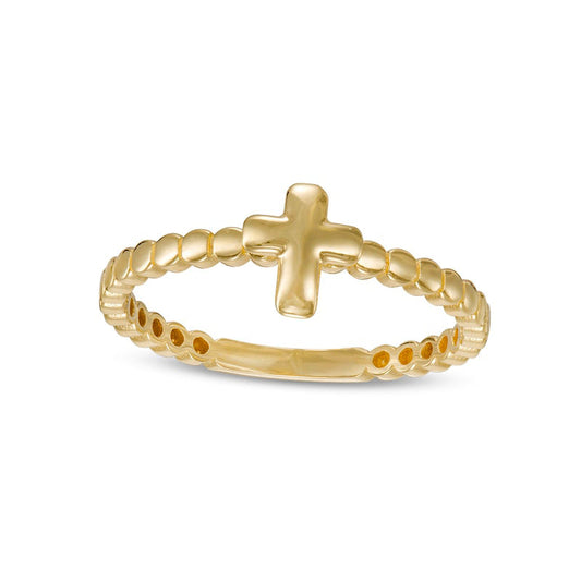 Mini Puff Cross Bead Shank Stackable Band in Solid 10K Yellow Gold