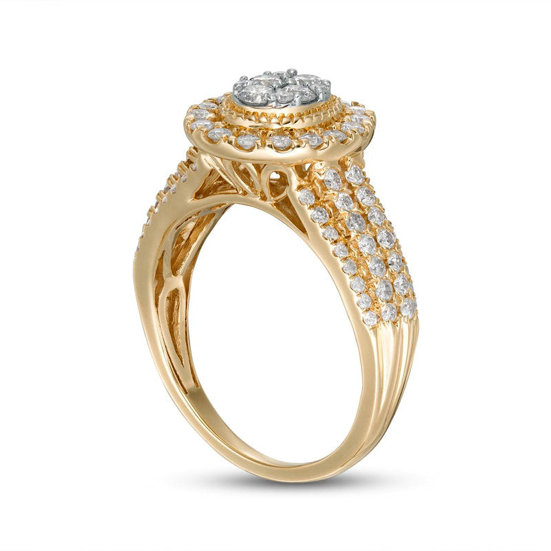 1.0 CT. T.W. Composite Oval Natural Diamond Frame Multi-Row Engagement Ring in Solid 10K Yellow Gold