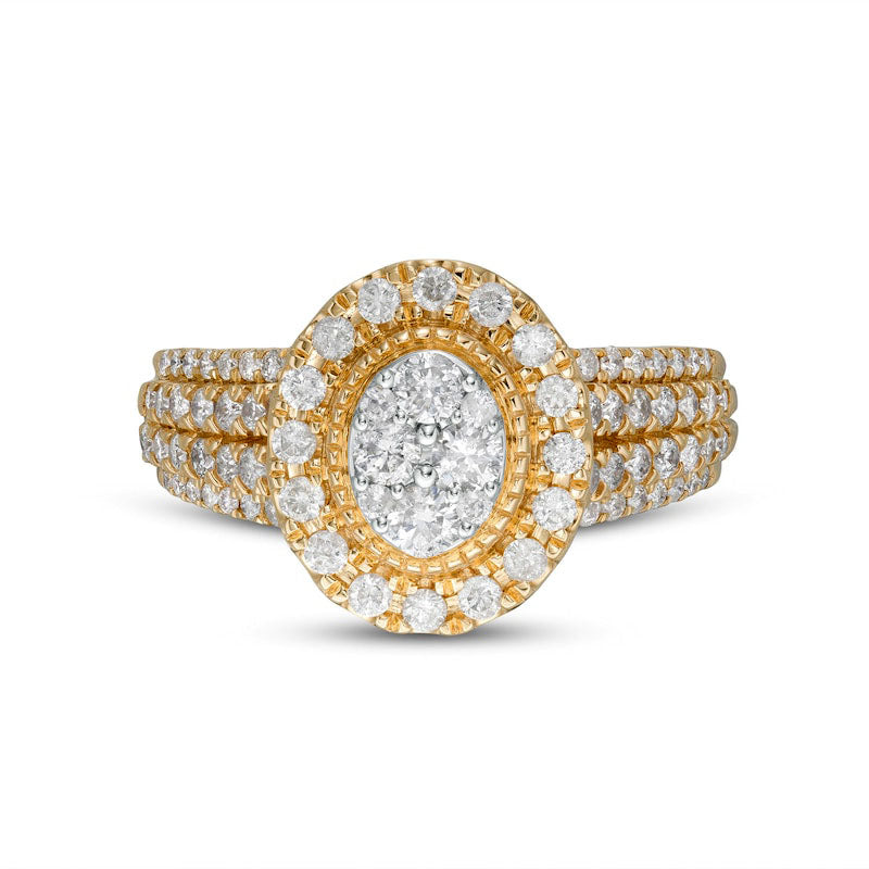 1.0 CT. T.W. Composite Oval Natural Diamond Frame Multi-Row Engagement Ring in Solid 10K Yellow Gold