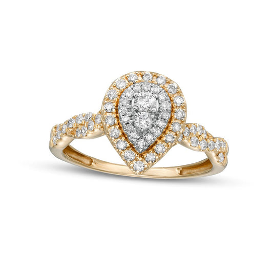 0.50 CT. T.W. Composite Pear-Shaped Natural Diamond Double Frame Twist Shank Engagement Ring in Solid 10K Yellow Gold