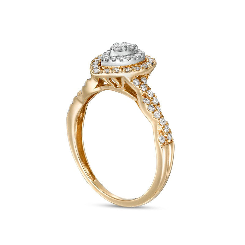 0.50 CT. T.W. Composite Pear-Shaped Natural Diamond Double Frame Twist Shank Engagement Ring in Solid 10K Yellow Gold