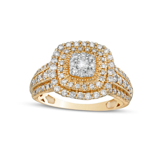 1.0 CT. T.W. Composite Cushion-Shaped Natural Diamond Double Frame Multi-Row Engagement Ring in Solid 10K Yellow Gold