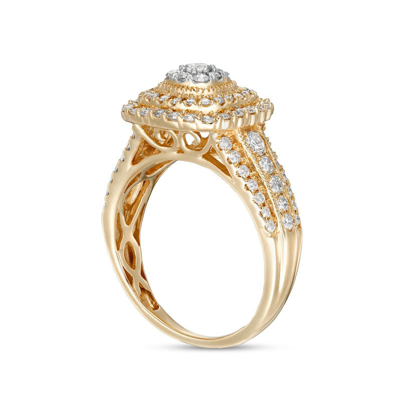 1.0 CT. T.W. Composite Cushion-Shaped Natural Diamond Double Frame Multi-Row Engagement Ring in Solid 10K Yellow Gold