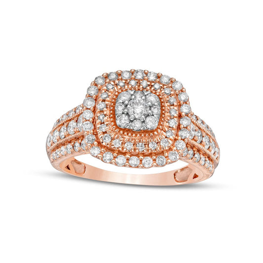 1.0 CT. T.W. Composite Cushion-Shaped Natural Diamond Double Frame Multi-Row Engagement Ring in Solid 10K Rose Gold