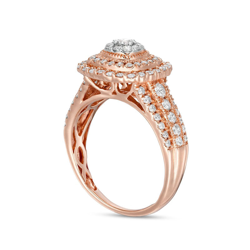 1.0 CT. T.W. Composite Cushion-Shaped Natural Diamond Double Frame Multi-Row Engagement Ring in Solid 10K Rose Gold