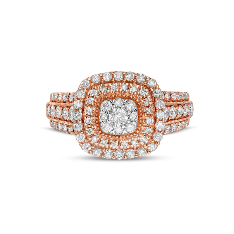 1.0 CT. T.W. Composite Cushion-Shaped Natural Diamond Double Frame Multi-Row Engagement Ring in Solid 10K Rose Gold