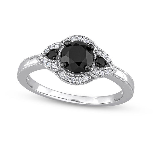 1.13 CT. T.W. Black Enhanced and White Natural Diamond Frame Three Stone Engagement Ring in Solid 14K White Gold