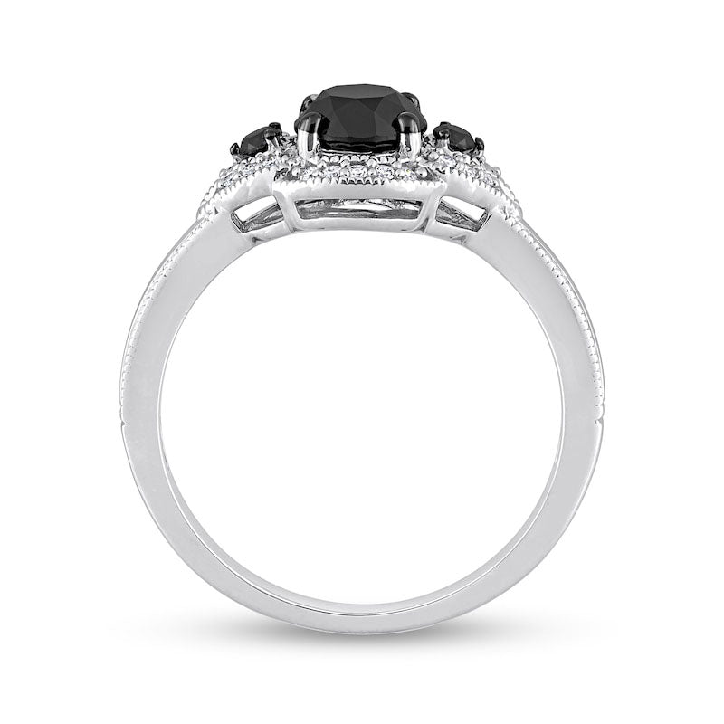 1.13 CT. T.W. Black Enhanced and White Natural Diamond Frame Three Stone Engagement Ring in Solid 14K White Gold