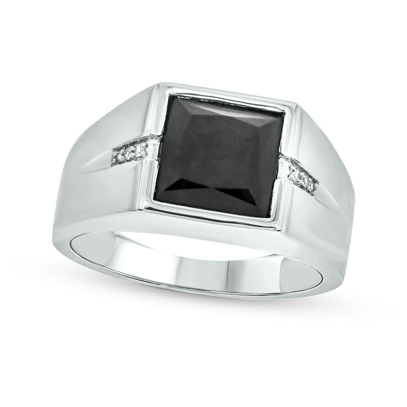 Men's 9.0mm Square Onyx and Natural Diamond Accent Split Shank Ring in Sterling Silver