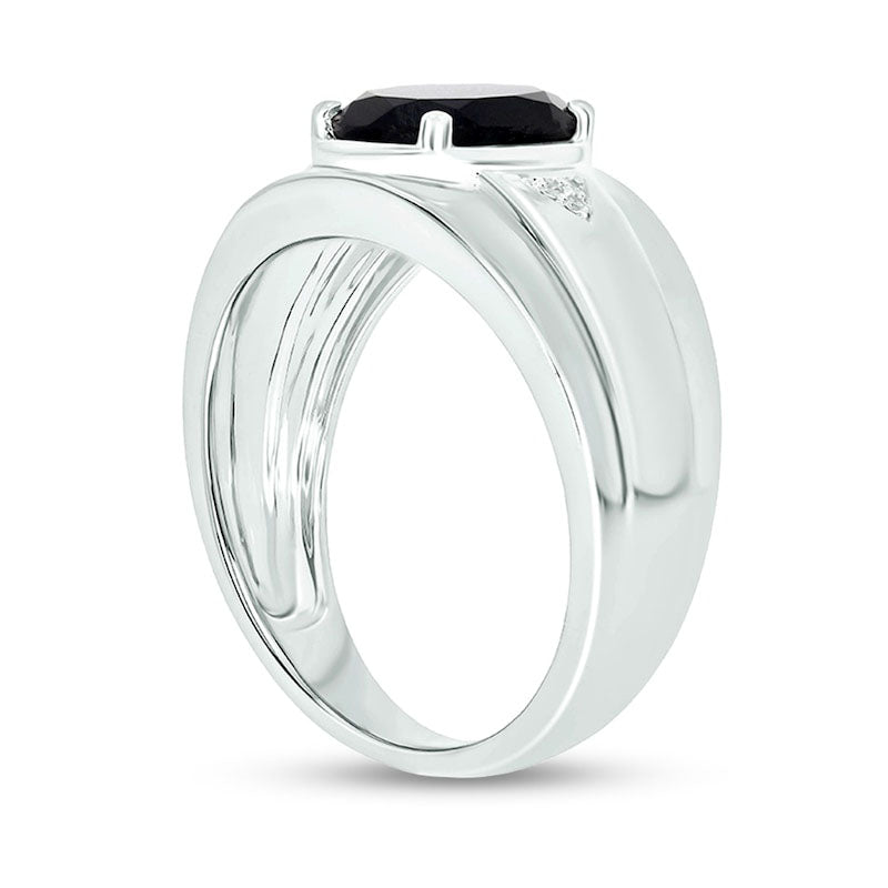 Men's Oval Onyx and Natural Diamond Accent Bevelled Edge Ring in Sterling Silver