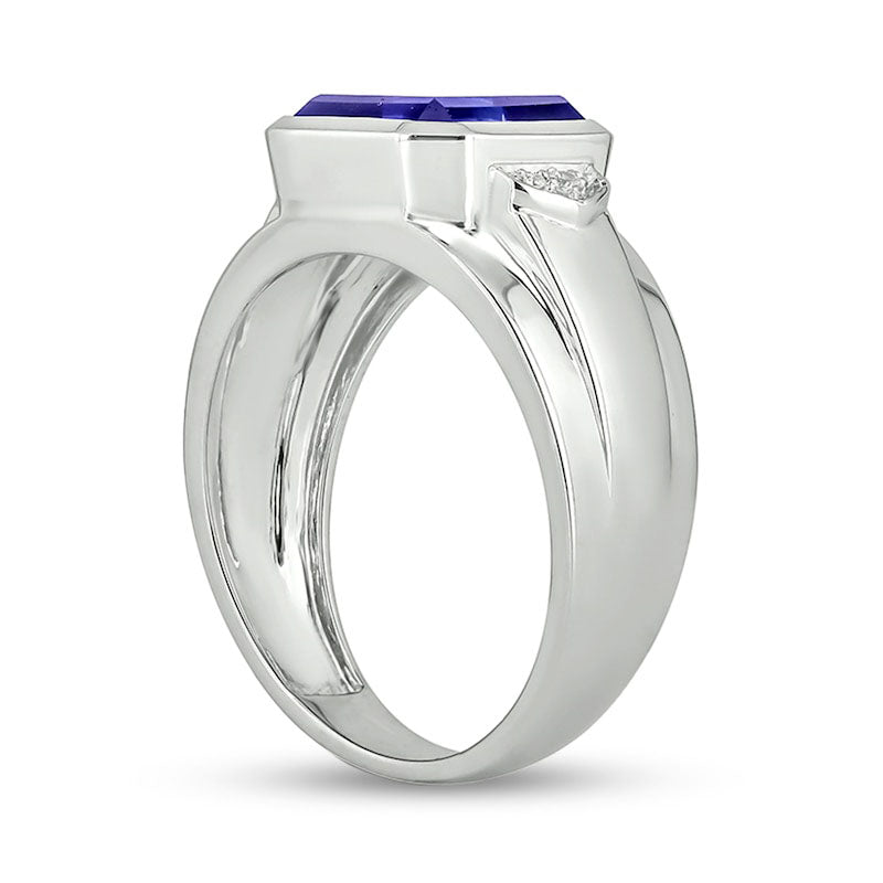 Men's 10.0mm Cushion-Cut Blue Lab-Created Sapphire and Diamond Accent Raised Collar Ring in Sterling Silver