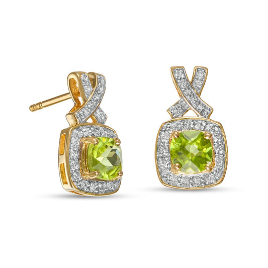 5.0mm Cushion-Cut Peridot and 0.25 CT. T.W. Diamond Frame "X" Drop Earrings in 14K Gold