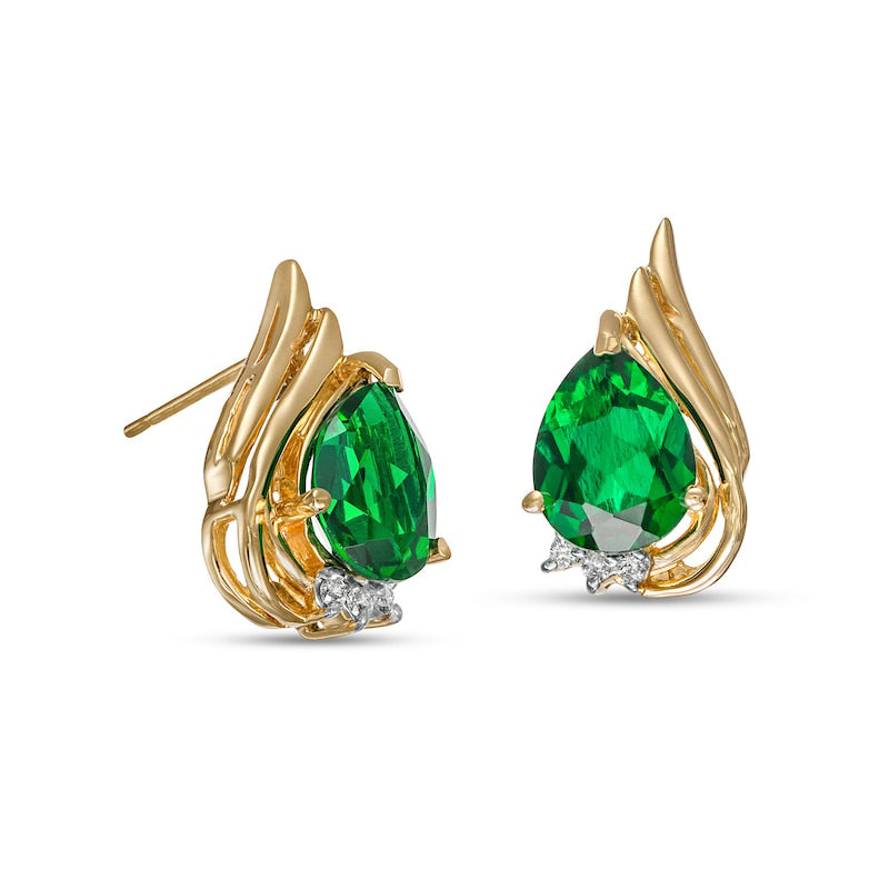 Pear-Shaped Lab-Created Emerald and 0.05 CT. T.W. Diamond Flame Stud Earrings in 10K Gold