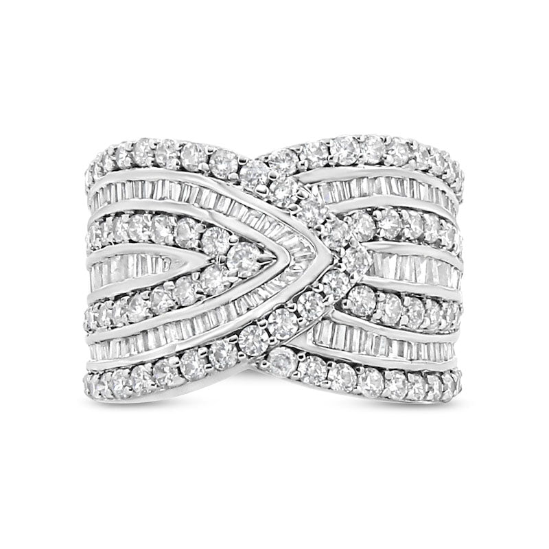 2.38 CT. T.W. Baguette and Round Natural Diamond Multi-Row Overlay Ring in Sterling Silver