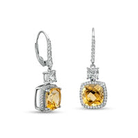 9.0mm Cushion-Cut Citrine and White Lab-Created Sapphire Frame Drop Earrings in Sterling Silver