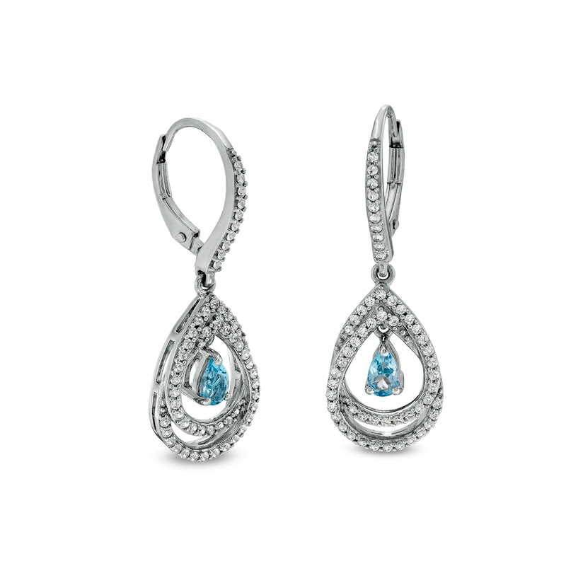 Pear-Shaped Swiss Blue Topaz and White Lab-Created Sapphire Double Loop Open Frame Teardrop Earrings in Sterling Silver