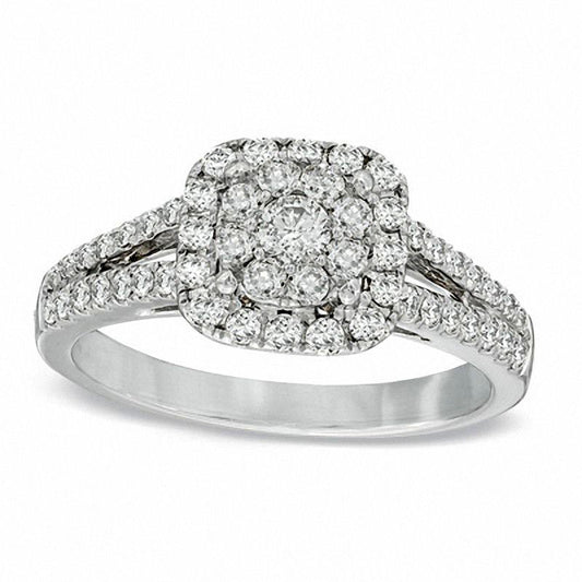 0.75 CT. T.W. Natural Diamond Cluster Split Shank Engagement Ring in Solid 14K White Gold