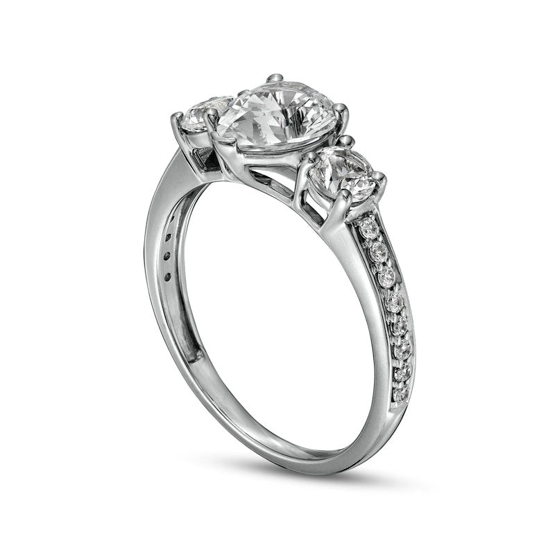 Pear-Shaped White Lab-Created Sapphire and 0.17 CT. T.W. Diamond Three Stone Engagement Ring in Solid 10K White Gold