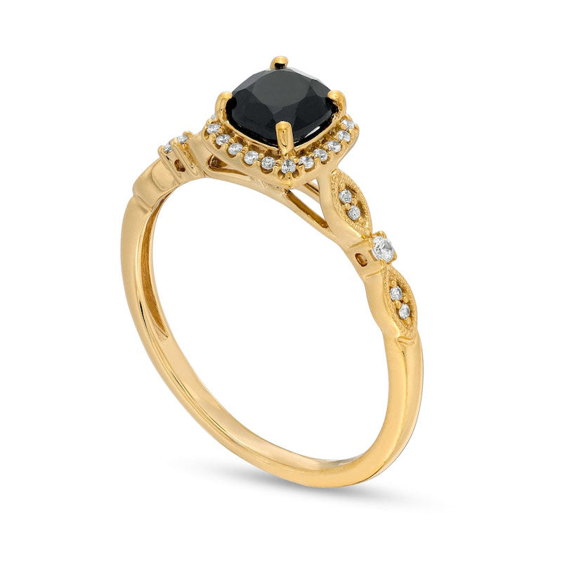 5.0mm Cushion-Cut Black Sapphire and 0.10 CT. T.W. Natural Diamond Frame Art Deco Antique Vintage-Style Engagement Ring in Solid 10K Yellow Gold