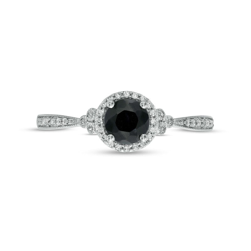 5.0mm Black Sapphire and 0.10 CT. T.W. Natural Diamond Framed Tri-Sides Antique Vintage-Style Engagement Ring in Solid 10K White Gold