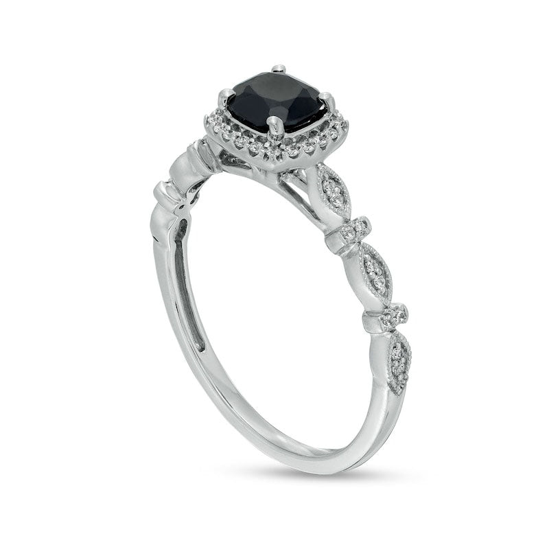 Cushion-Cut 5mm Black Sapphire and 0.10 CT. T.W. Natural Diamond Frame Art Deco Antique Vintage-Style Engagement Ring in Solid 10K White Gold